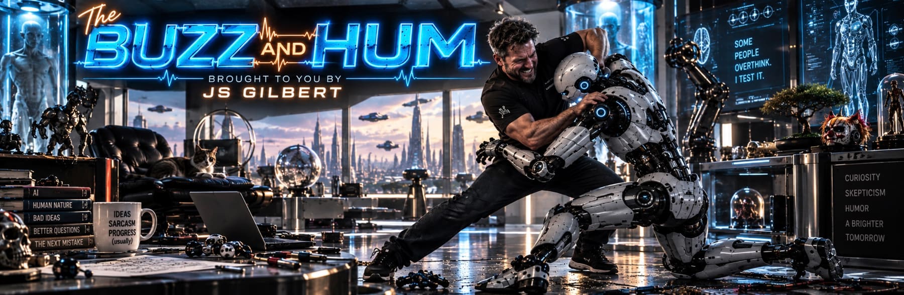 A man wrestling a humanoid robot in a high-tech office overlooking a futuristic city, surrounded by books and mugs about curiosity, skepticism, and progress — The Buzz and Hum, brought to you by J.S. Gilbert.
